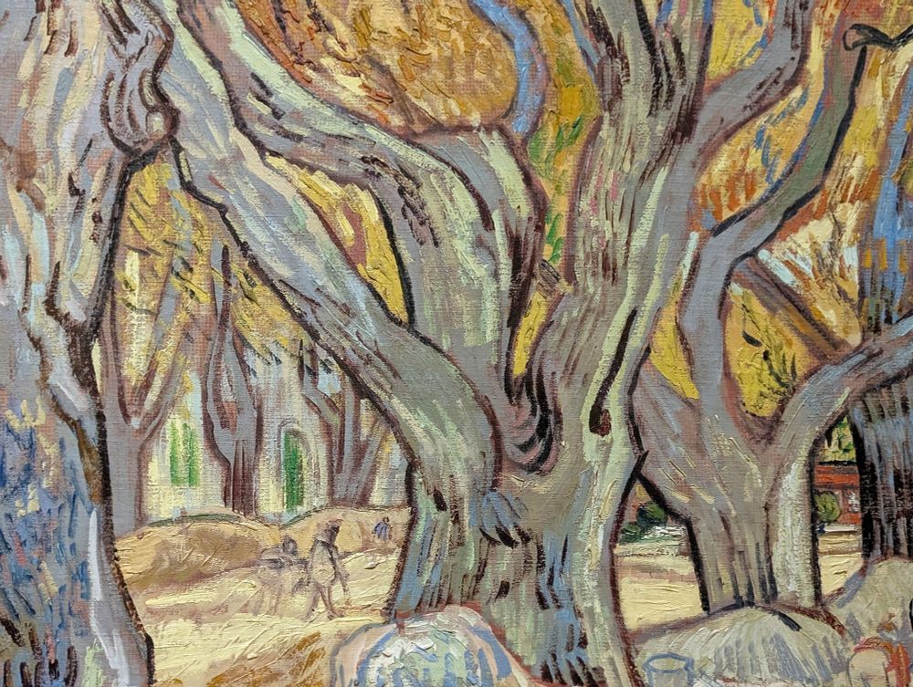 Close up of Van Gogh painting of trees by road, National Gallery, London