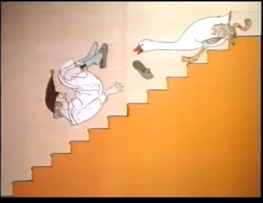 Goose
Loose
Aboot this house.

A goose throwing an old man down the stairs.
