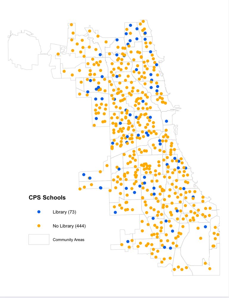 Dot Map of schools in Chicago showing only 73 have a library and 444 do not have a library 