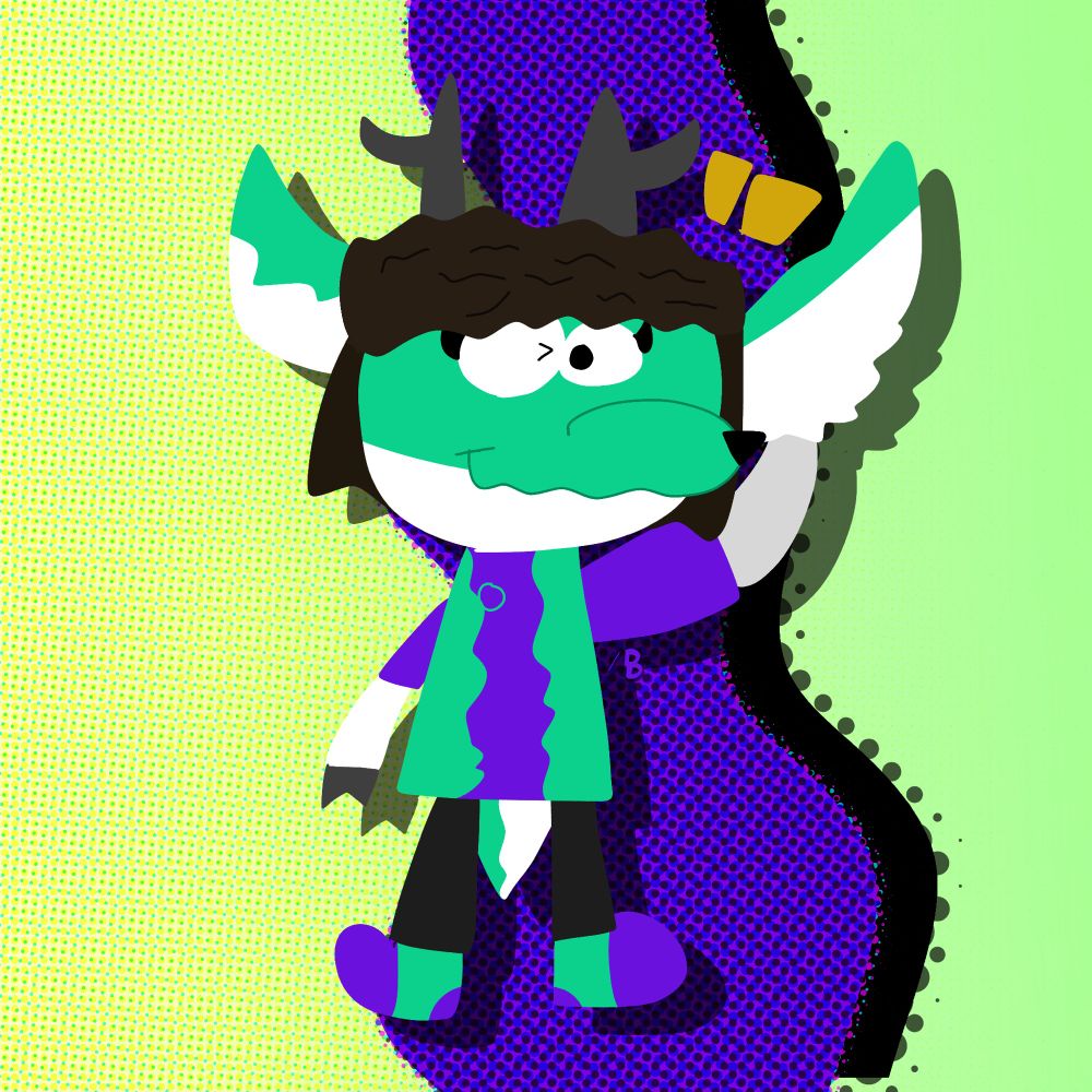 A mint-colored deer with a purple and green shirt and shoes