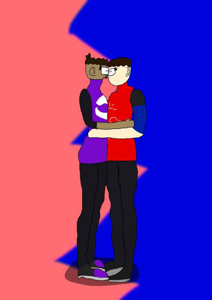 A black woman in a purple shirt with black sleeves kissing a white woman in a red shirt with black and blue sleeves