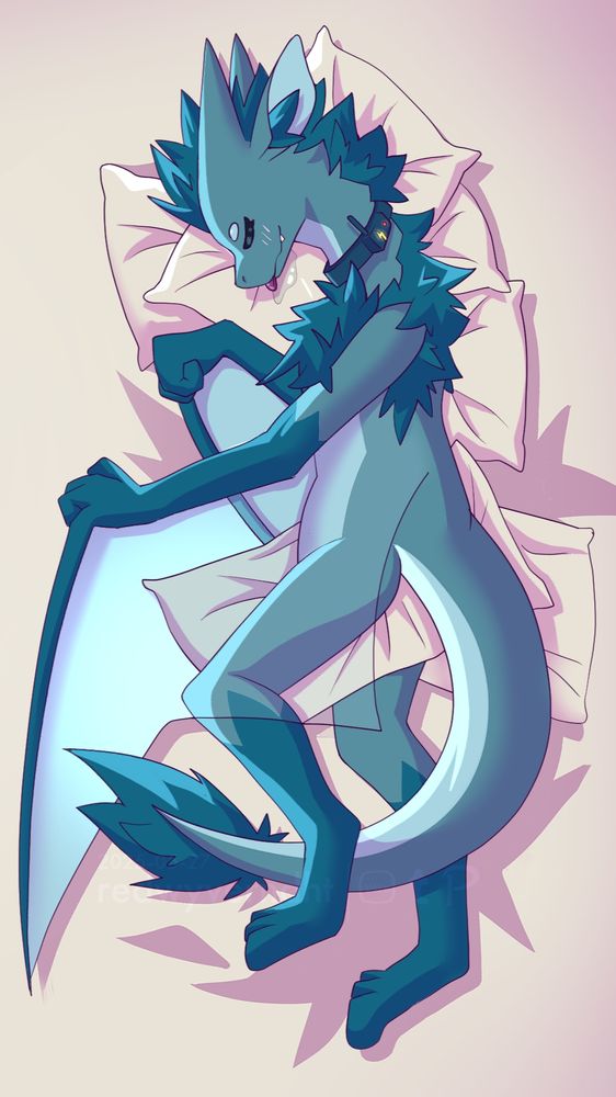 a blue furred wyvern with a gray shock collar sleeping on top of a pile of pillows