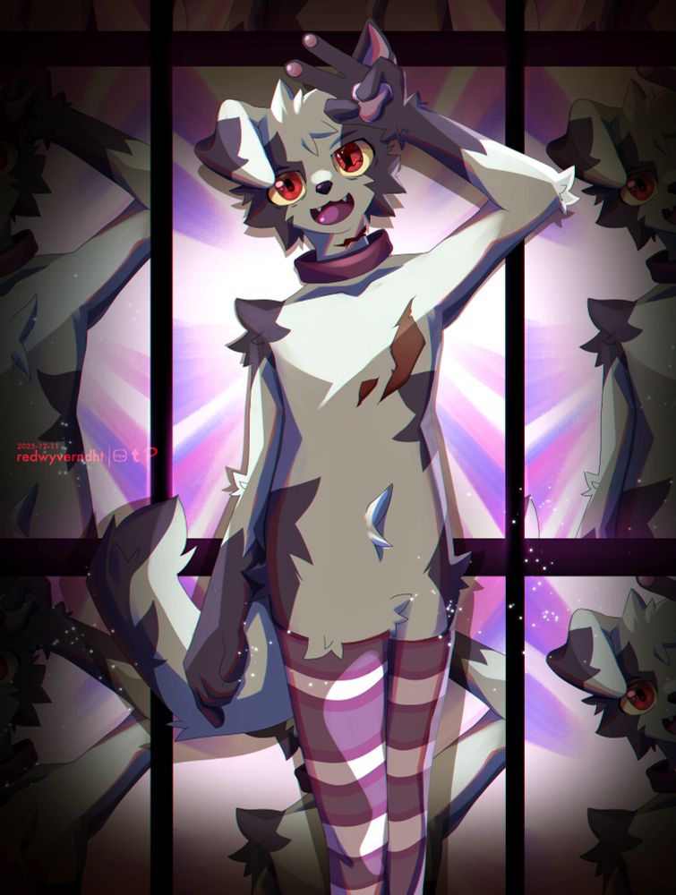 a digital illustration of an anthropomorphic animal posing along many exact repetitions.