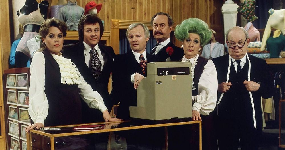 Wendy Richard, Trevor Bannister, John Inman, Frank Thornton, Mollie Sugden, and Arthur Brough in "Are You Being Served?"