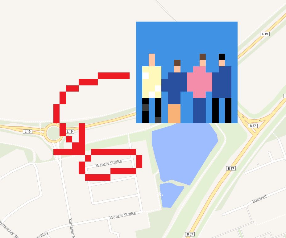 Screenshot of Wplace, which lets you place pixels over a map of the world, showing a 16 by 16 pixel rendition of the blue weezer album cover with an arrow pointing at a street labeled "Weezer Straße".