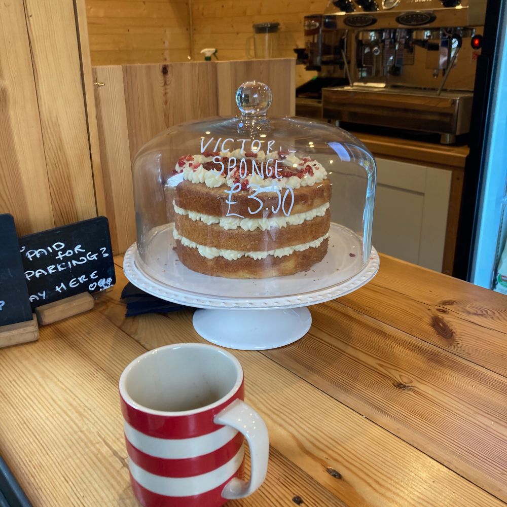 Striped coffee mug and striped Victoria Sponge cake on the cafe counter with a coffee machine in the background