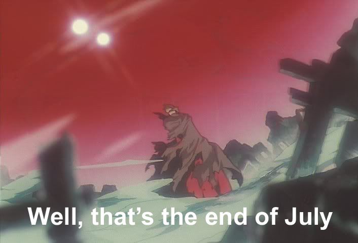 a screenshot of Trigun 98 showing Vash standing in the ruins of July. he is wrapped in a ragged cloak and the sky is red with both suns visible. the text at the bottom reads “Well, that’s the end of July.”