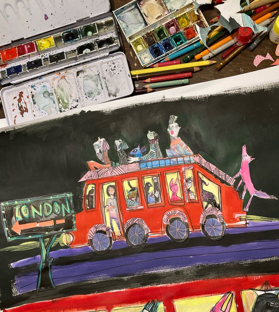 Childrensbookillustration depicting a red bus and it‘s passengers heading to London. 