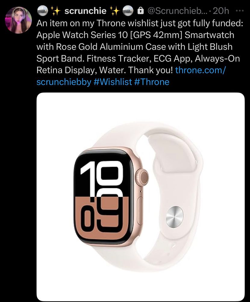An item on my Throne wishlist just got fully funded:
Apple Watch Series 10 [GPS 42mm] Smartwatch with Rose Gold Aluminium Case with Light Blush Sport Band. Fitness Tracker, ECG App, Always-On Retina Display, Water. Thank you! throne.com/
scrunchiebby #Wishlist #Throne