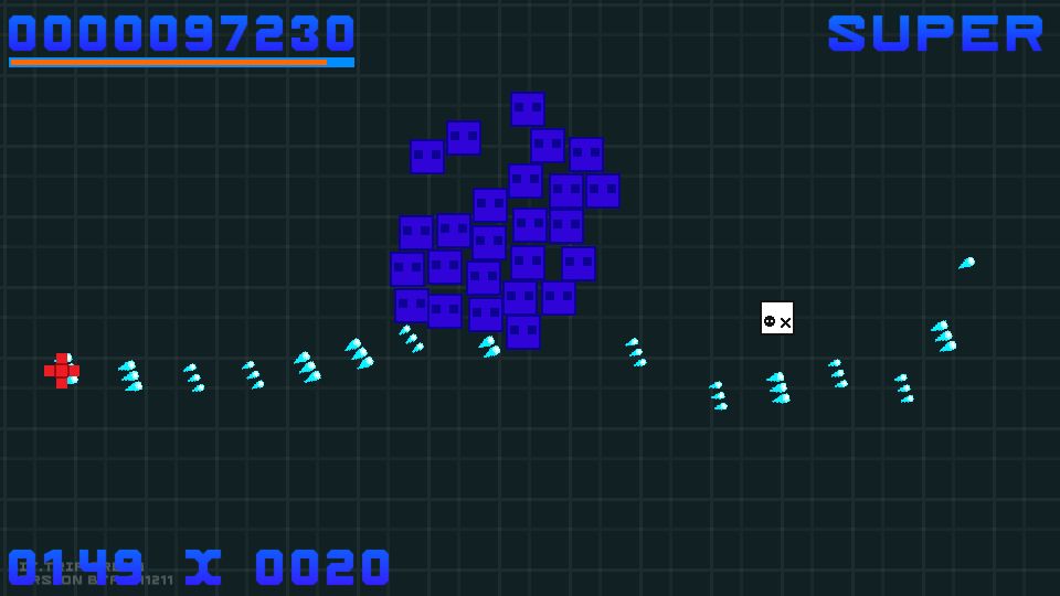 screenshot from an indevelopment video game. some kinda red plus is shooting at a bunch of blue squares