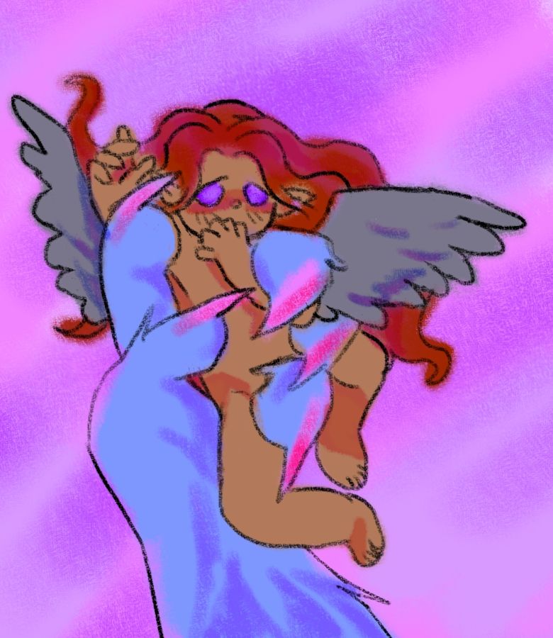 A tiny naked faerie with feathery wings being gripped by a clawed furry hand
