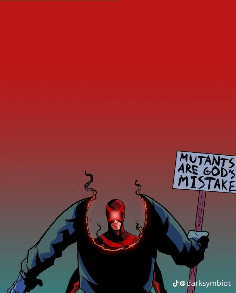 X-Men Cyclops visto por uma ferida que ele causou em um manifestante que segurava uma placa que contém as palavras "Mutantes são o erro de Deus" em inglês.