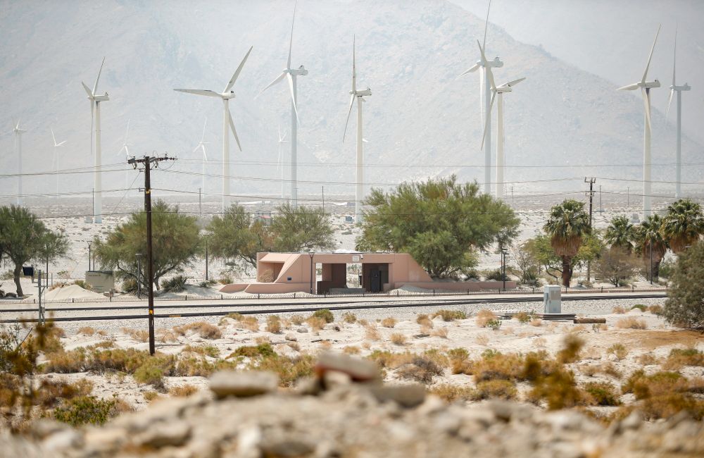 Windmills behind the Palm Springs Amtrak station.