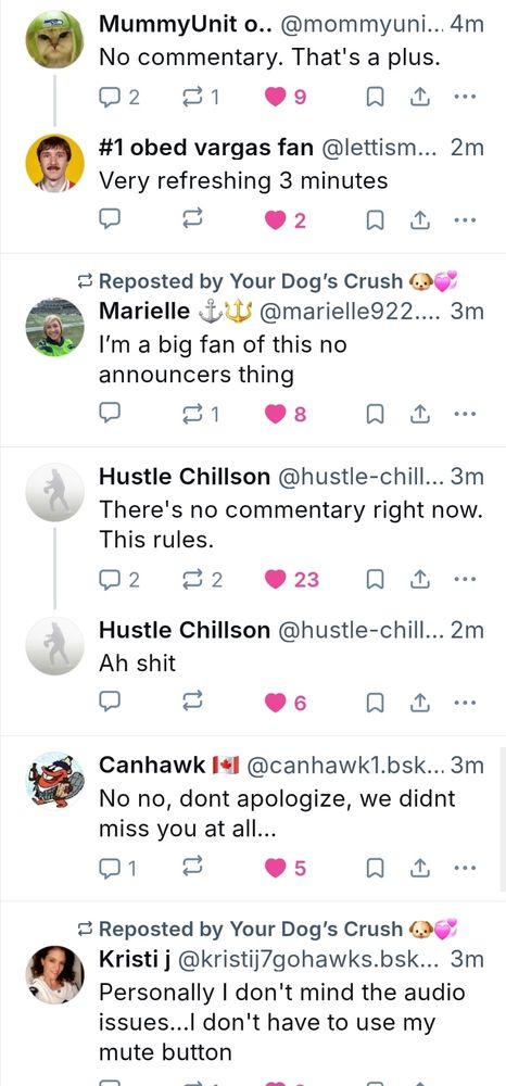 People uniting with pleasure when awful sports commentary becomes unavailable due to technical issues.