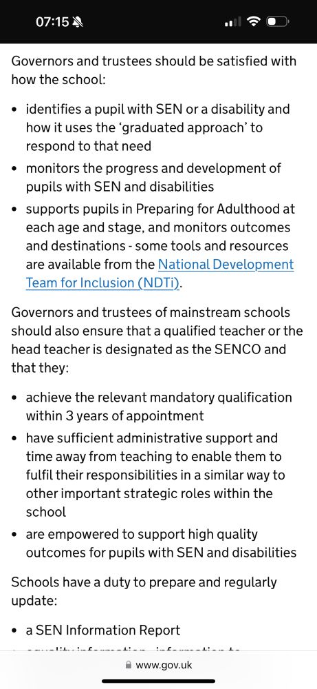 Bullet point list of UK school governors’ responsibilities towards children with SEND, including the requirement for SENCOs to be appropriately qualified.