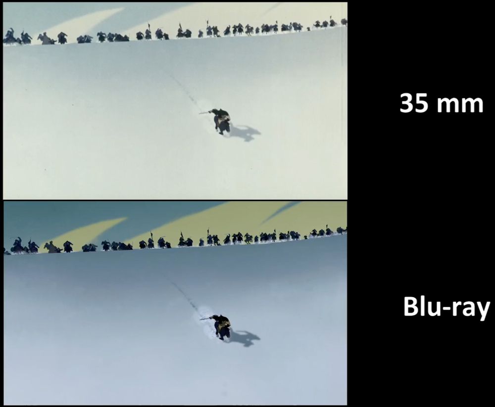 35mm/blu-ray comparison of Mulan from a scene with Chinese soldiers riding horses on a snowy field. The 35mm shot looks yellow-white in the snow and background, while the blu-ray has a slightly cooler look for the snow and the background has a more olive green hue to it.