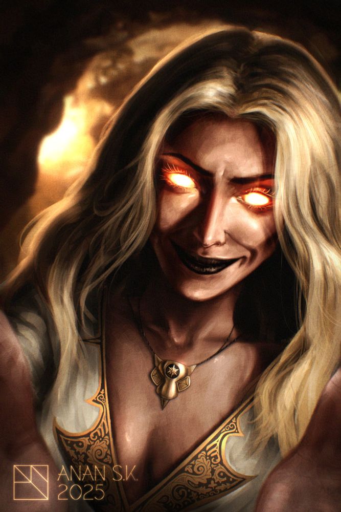 Digital portrait of a blonde woman with glowing yellow eyes, black lipstick, a white robe with golden details and a golden pendant, grabbing the viewer and looking at them with a malicious, sadistic smile. The background is a blurred illuminated tunnel, reminiscent of a mine shaft.