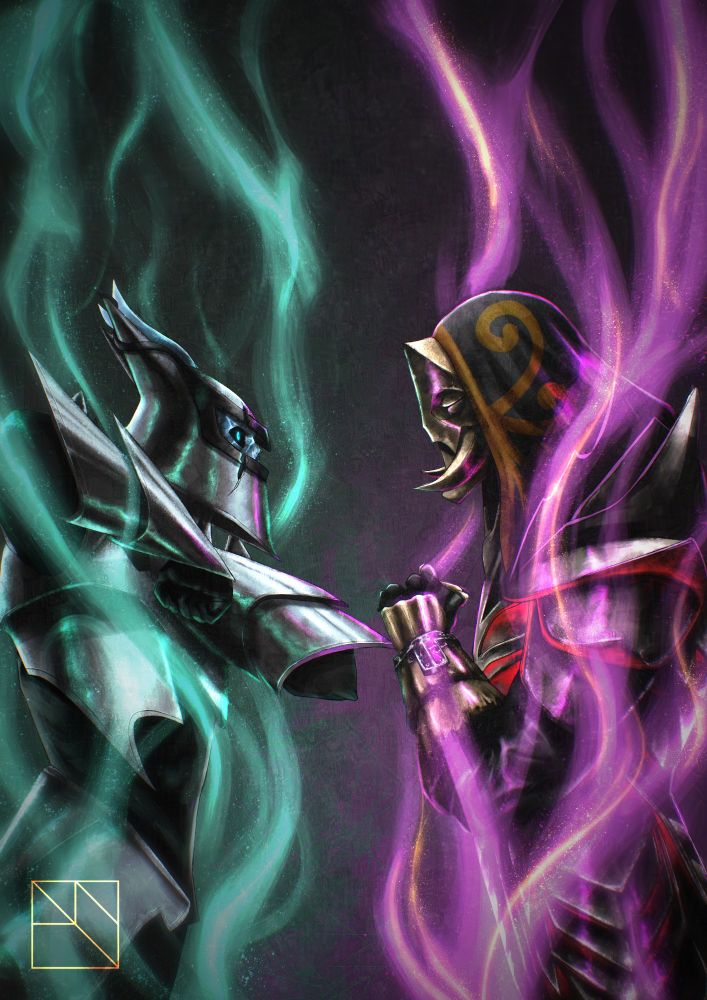 Illustration of two standing armored characters facing each other in a profile view, posing as if they're getting ready to fight each other. The one on the left emanates a sea-green energy, while the one on the right a purple one with gold accents. They're wearing armor pieces found in the videogame Skyrim