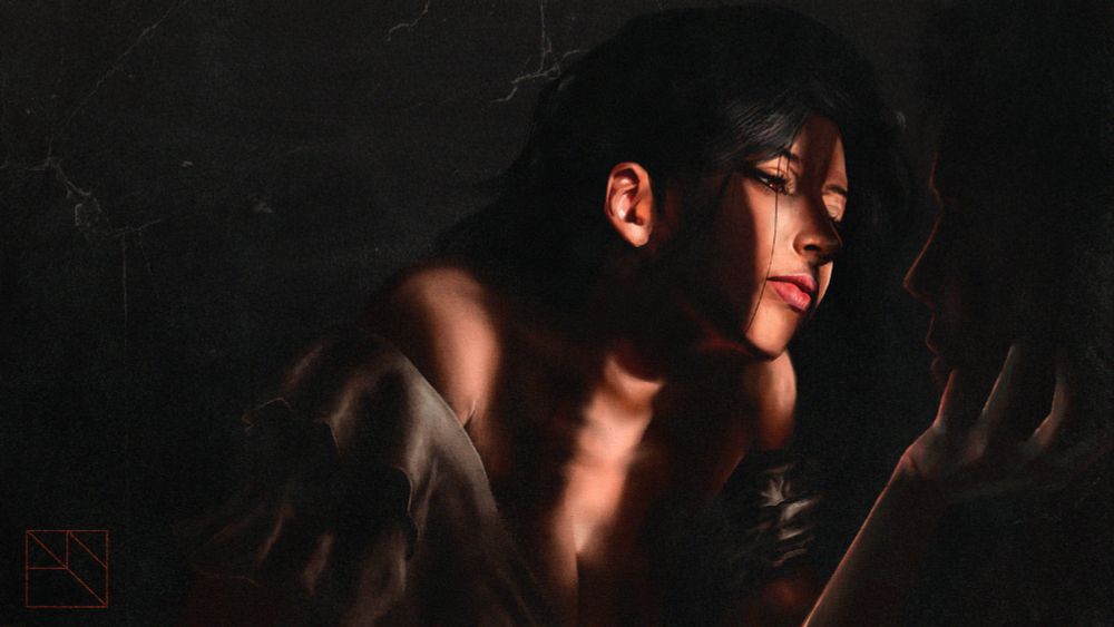 Painting of a dimly lit woman with dark wavy hair and a loose nightgown, she's shown from the chest up, leaning forward and holding a person's face by the chin while looking at them seductively, as if leaning in for a kiss.