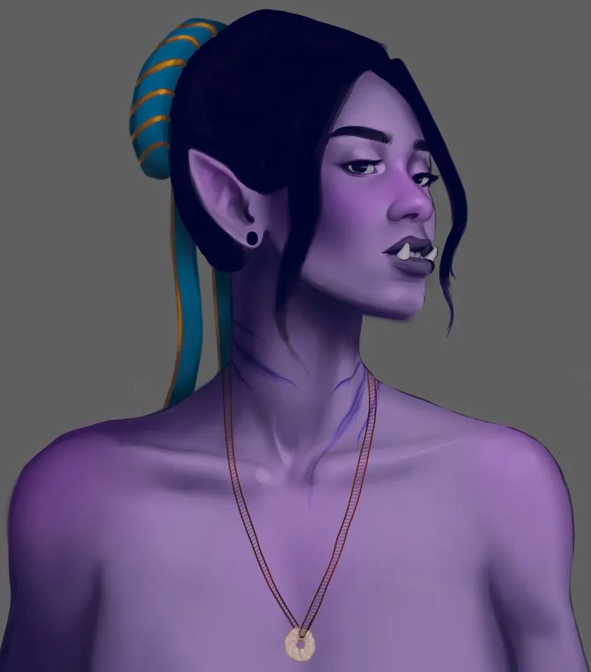 A purple half orc female with a blue and gold ribbon wrapped around her bun, wearing a bone circle neclace heald on by thin red ribbon