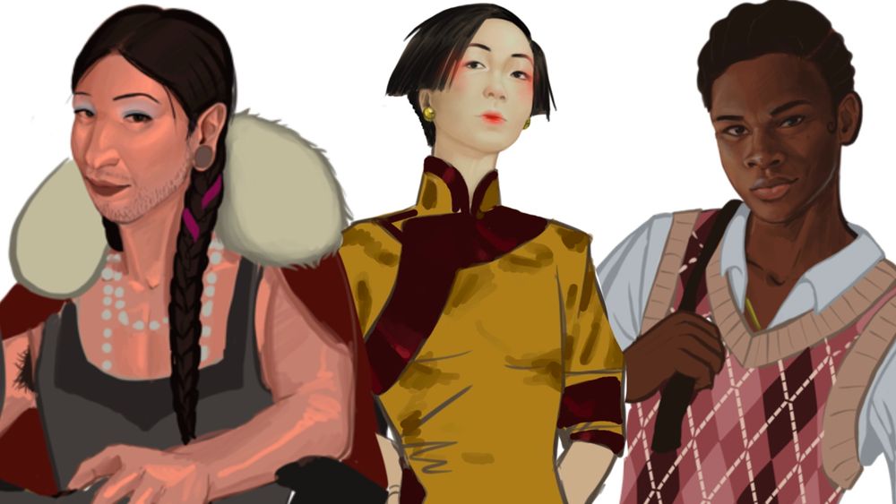 Three portraits, from left to right a non-binary character with long dark hair braided with ribbon wearing a cape. A asain female wearing a gold and red shirt, A black male wearing a pink argyle sweater vest over a white button up