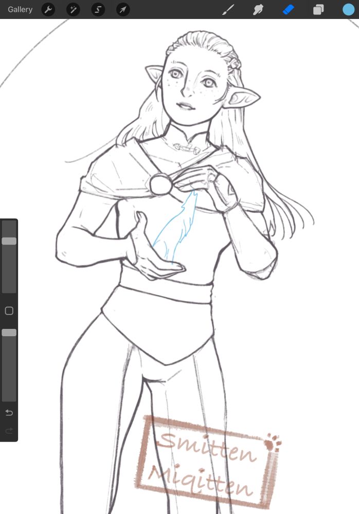 Ellenere Lavellan holding one of Solas’s regret wolf statuettes. She’s looking off to the side at what will eventually be a bunch of running wolf silhouettes (the number matching the rest of the statuettes). She is wearing a modified version of the outfit seen in the Solavellan ending slide in Veilguard.