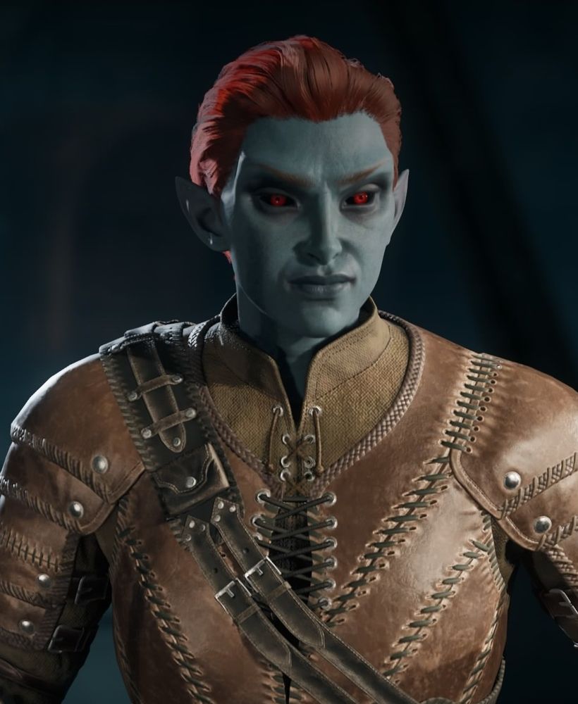 A blue skinned, short red haired, red eyed Dunmer named Luais.
