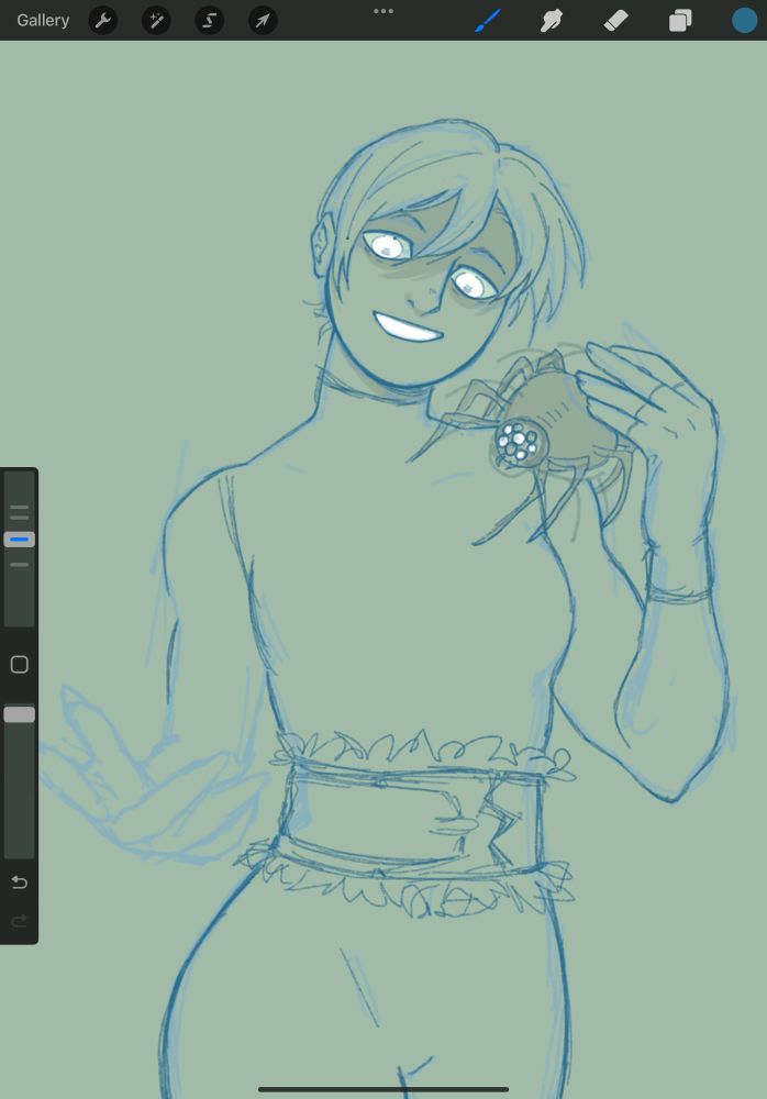 Marian Hawke gesturing towards the viewer. She wears an unsettling grin and has a small version of the Nightmare demon spider being pet affectionately on her shoulder.