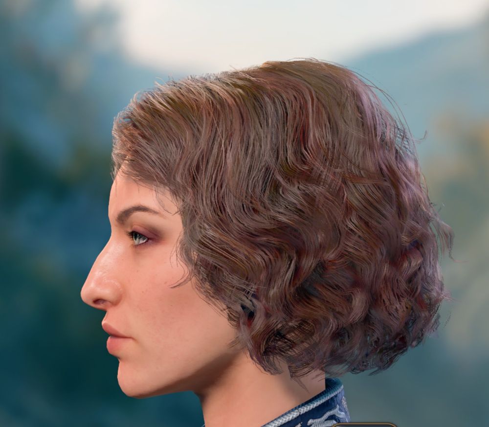 Left side profile view of my Tav Winnifred's face. She has a slightly oval face,full lips, a somewhat beaky nose, curly red brown hair cut in a short bob, pale grey gold eyes, and red brown eyeshadow on the corners of her eyes.