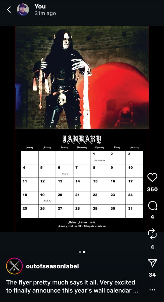 The January spread for the Mortiis wall calendar posted to the Out of Season Instagram page