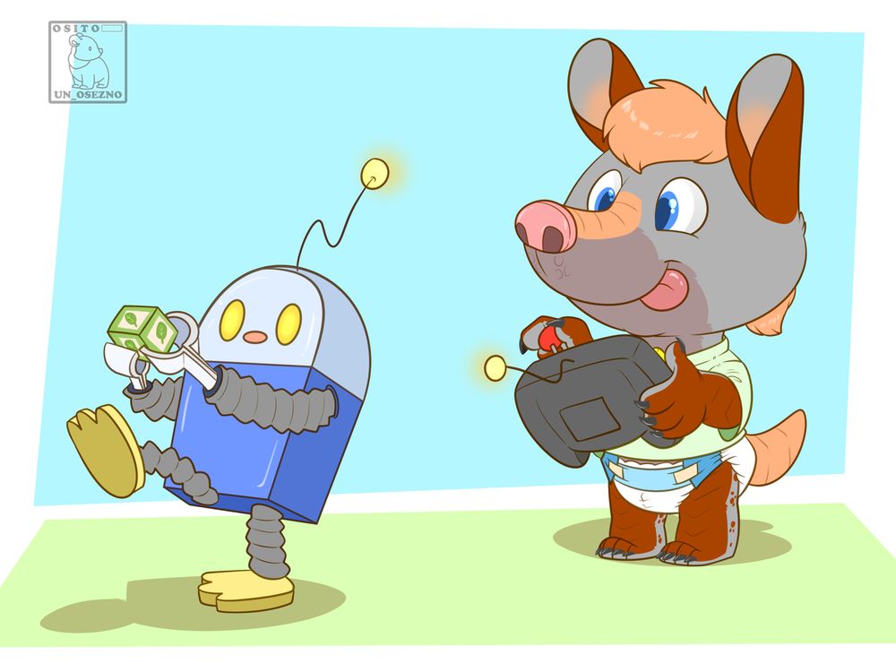An anthropomorphic armadillo controlling a toy robot