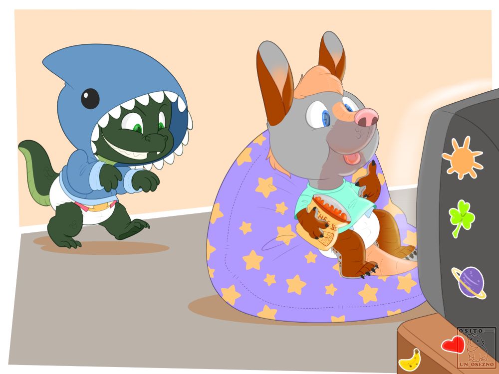 An anthropomorphic armadillo watches TV sitting on a bean bag eating snacks. Behind them an anthropomorphic dragon wearing a shark hoodie slowly approaches. The theme music from Jaws begins to play.