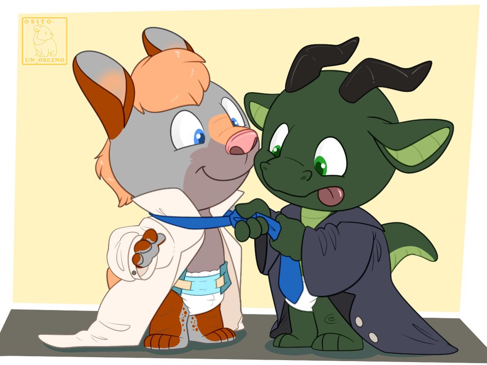 A green dragon on the left is helping an armadillo on the right put on a tie. They are both wearing clothes that are far too big for them