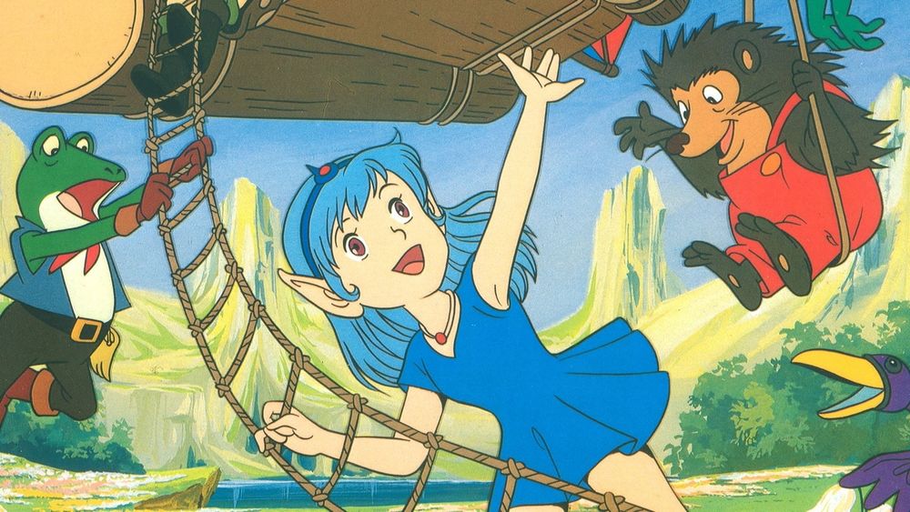 Une grenouille et un hérisson anthropomorphe avec une jeune fille elfe à cheveux bleus