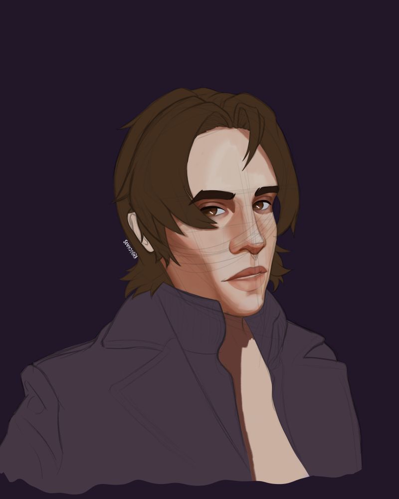 A digital painting of this user in progress - flat colors have been dropped in as placeholders and the only rendering that has taken place is on the face.