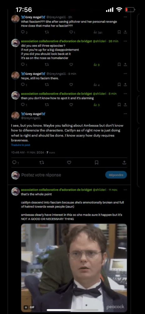 Discussion entre Shilderi et une autre personne. La personne défend que des actes violents peuvent être justifiés concernant un certain devoir de milice, cad de répression