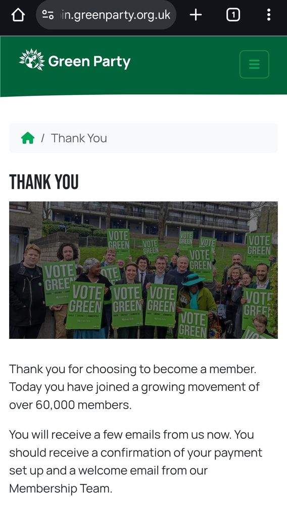 Screenshot of the welcome page on the green party website site after I joined just now.