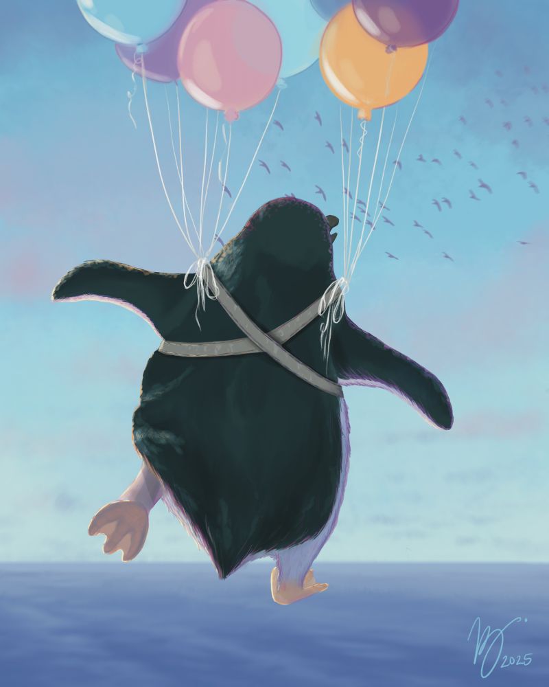 Digital painting of a penguin using balloons to "fly." Drawn in Procreate. No AI is ever used in my art. 