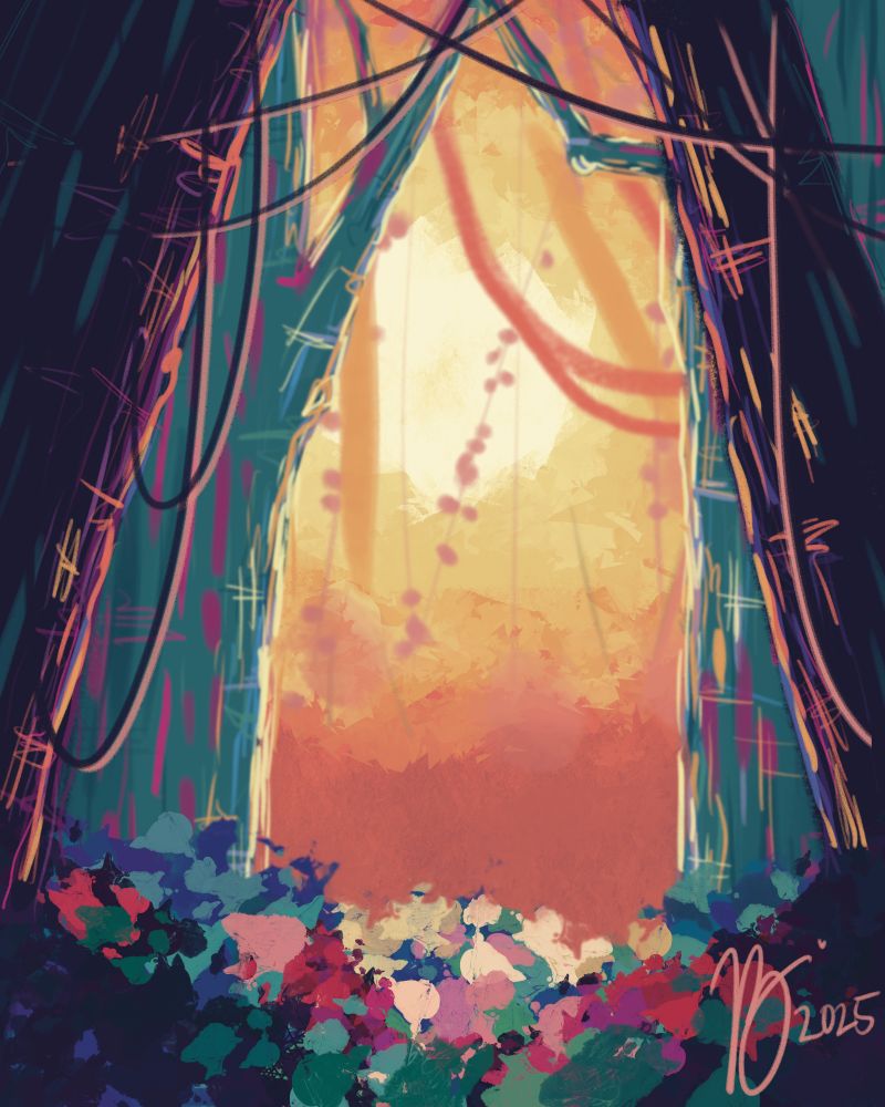 Colorful wooded landscape using values instead of color to paint a picture. A warm, coral sun warms the teal and purple foliage. 

I drew this in Procreate. No AI is ever used in my art. I hope you enjoy! 