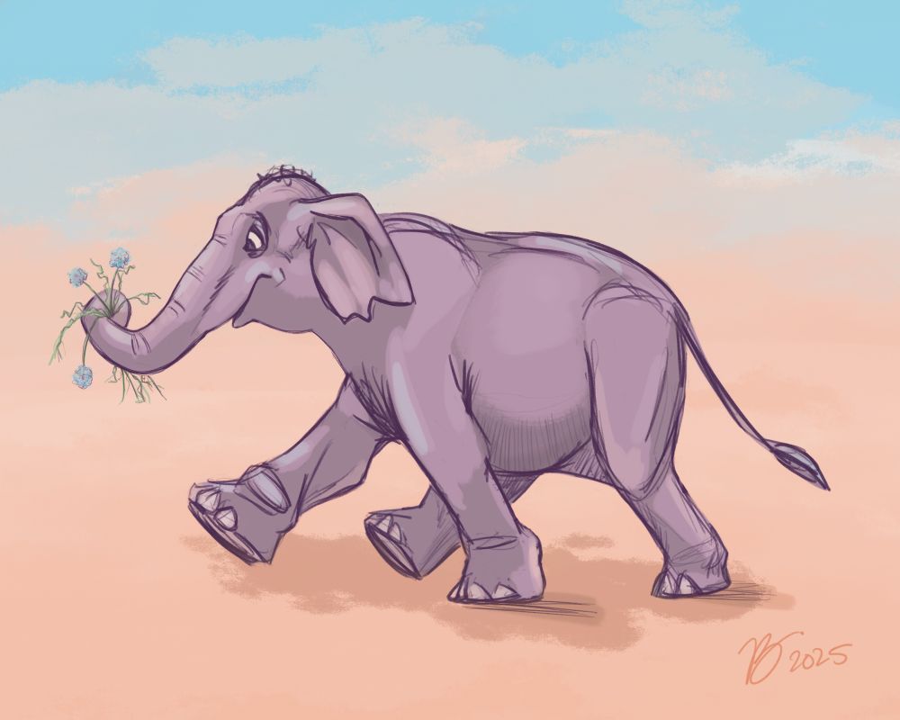 Quick sketch of a purple elephant carrying blue flowers with his trunk. The flowers look scraggly but he thinks they're beautiful the way they are. 

Digital art done in Procreate. No AI is ever used in my art. 