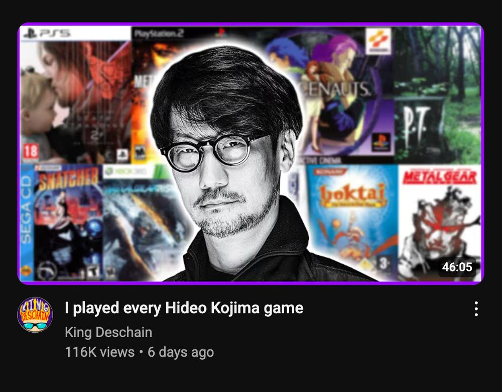 YouTube thumb titled "I played every Hideo Kojima game"