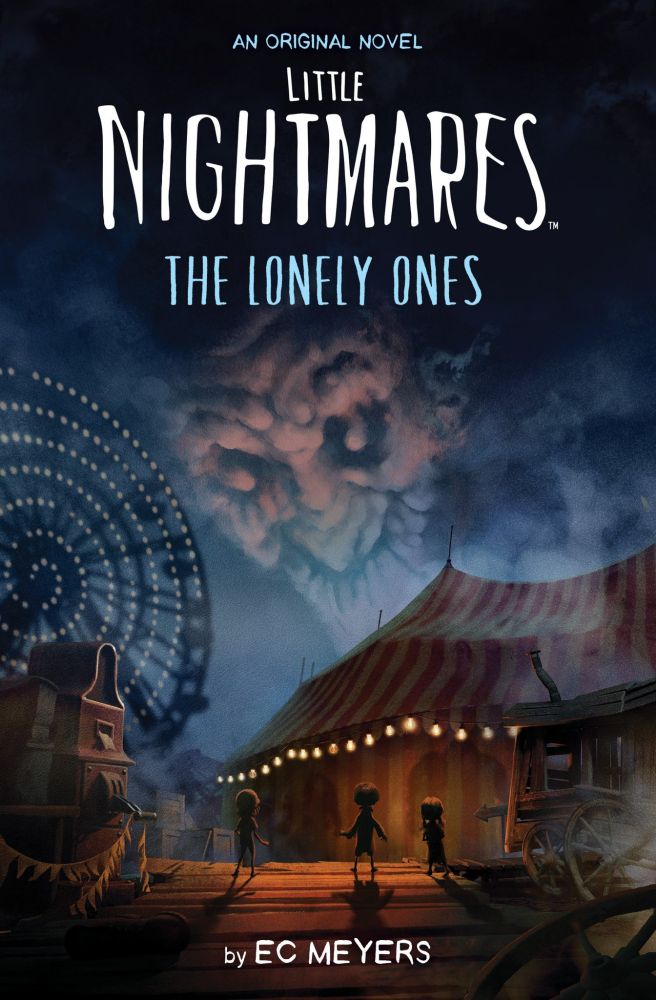Cover art of Little Nightmares: The Lonely Ones by, ahem, EC "Meyers," showing a carnival with three children in the foreground, viewed from behind, looking up at a ghostly face looming in the clouds