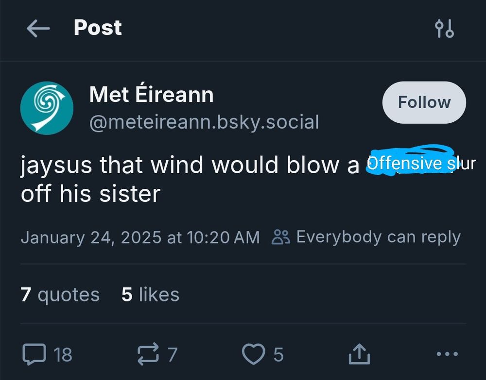 Screen shot of a post from @meteireann.bsky.social including a racist slur against an ethnic minority 