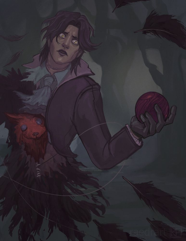 Fanart of Occtis Tachonis from Critical Role. He is holding the stone of nightsong in one hand as he explodes into feathers. His familiar, Pin, covered in blood, is emerging from his stomach.