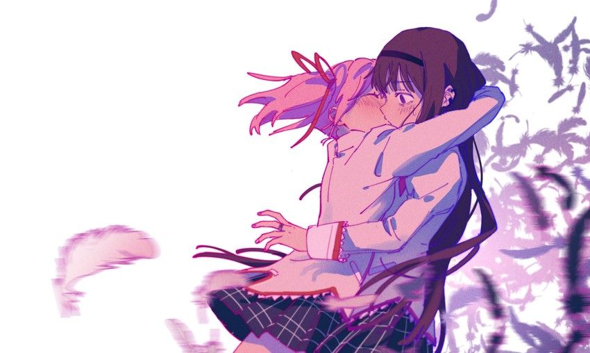Danbooru tags: 2girls akemi_homura black_feathers black_hair commentary couple dated_commentary feathers hair_ribbon headband hei_yan-m82a1 highres kaname_madoka kiss long_hair looking_at_another mahou_shoujo_madoka_magica mahou_shoujo_madoka_magica_(anime) mitakihara_school_uniform multiple_girls pink_hair pink_ribbon ribbon school_uniform short_twintails simple_background surprised twintails white_background white_feathers yuri