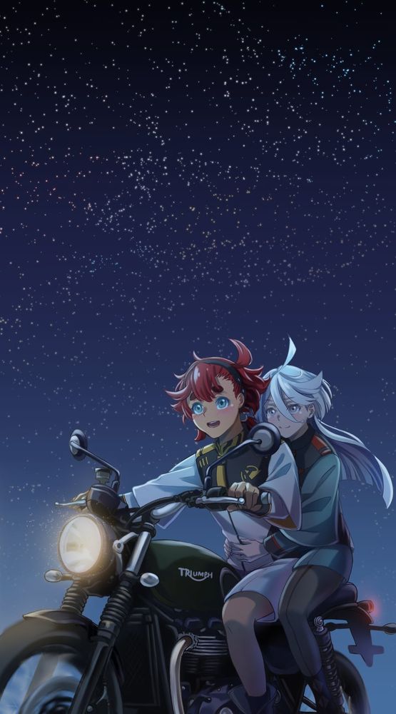 Danbooru tags: 2girls ahoge asticassia_school_uniform green_eyes grey_eyes gundam gundam_suisei_no_majo hairband highres hug light_blush long_hair miorine_rembran motor_vehicle motorcycle multiple_girls necktie ni_de_huo_ge night night_sky open_mouth outdoors pantyhose red_hair riding school_uniform shorts sky smile star_(sky) starry_sky suletta_mercury teeth thick_eyebrows triumph_(motorcycle) upper_teeth_only white_hair yuri