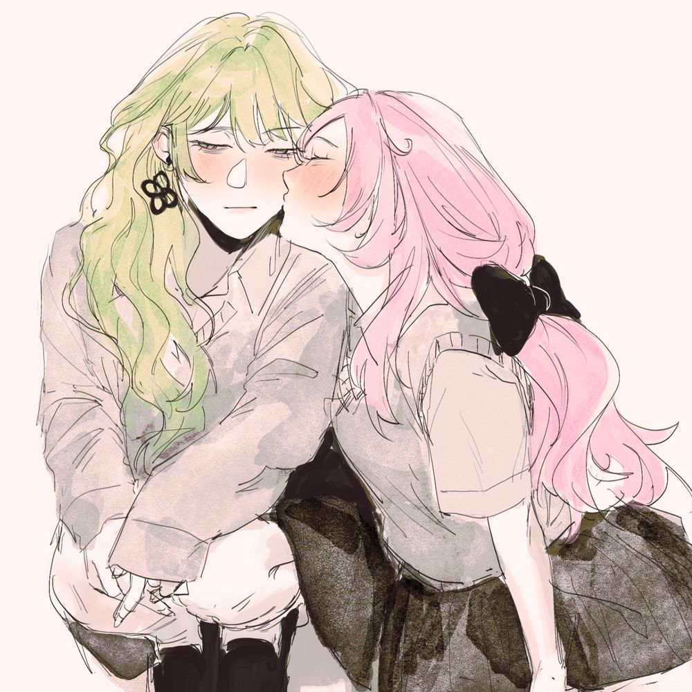 Danbooru tags: 2girls alternate_costume black_bow black_skirt blush bow closed_eyes commentary crysangria earrings elysia_(honkai_impact) english_commentary green_hair grey_sweater grey_sweater_vest highres honkai_(series) honkai_impact_3rd jewelry kiss kissing_cheek long_hair low_ponytail mobius_(honkai_impact) mobius_(pre-surgery)_(honkai_impact) multiple_girls pink_hair ponytail shirt short_sleeves simple_background sitting skirt sleeves_past_wrists sweater sweater_vest wavy_hair white_background yuri