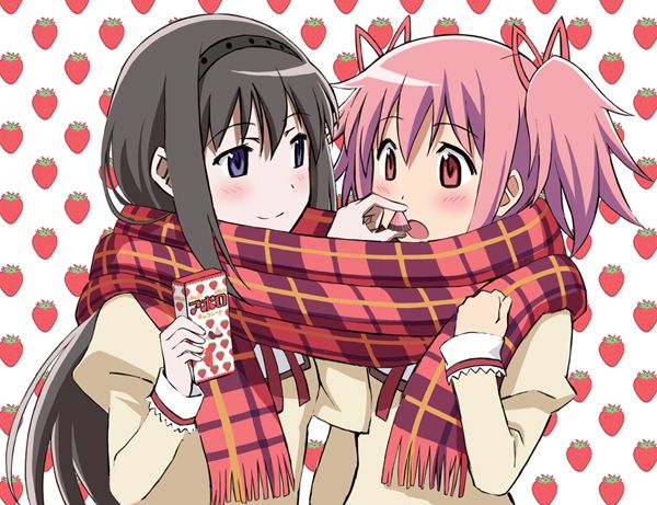 Danbooru tags: 2girls akemi_homura apollo_chocolate arm_up ayukko_(forest_village) black_hair blush box chocolate commentary_request feeding food food_print fruit hair_ribbon hairband kaname_madoka long_hair mahou_shoujo_madoka_magica mahou_shoujo_madoka_magica_(anime) multiple_girls open_mouth photoshop_(medium) pink_eyes pink_hair plaid_clothes plaid_scarf purple_eyes ribbon scarf school_uniform shared_clothes shared_scarf short_hair smile strawberry strawberry_print sweets valentine yuri