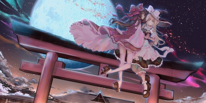 Danbooru tags: 2girls absurdres apron aurora blonde_hair bloomers blush bow bowtie braid brown_eyes brown_hair childwolf commentary detached_sleeves full_moon geta hair_bow hair_ribbon hakurei_reimu hat hat_bow hat_ribbon highres holding_hands kirisame_marisa large_ribbon long_hair long_skirt looking_at_viewer mary_janes moon multiple_girls night night_sky ribbon shoes side_braid single_braid skirt sky smile thighhighs torii touhou underwear very_long_hair waist_apron wide_sleeves witch_hat yellow_eyes yuri