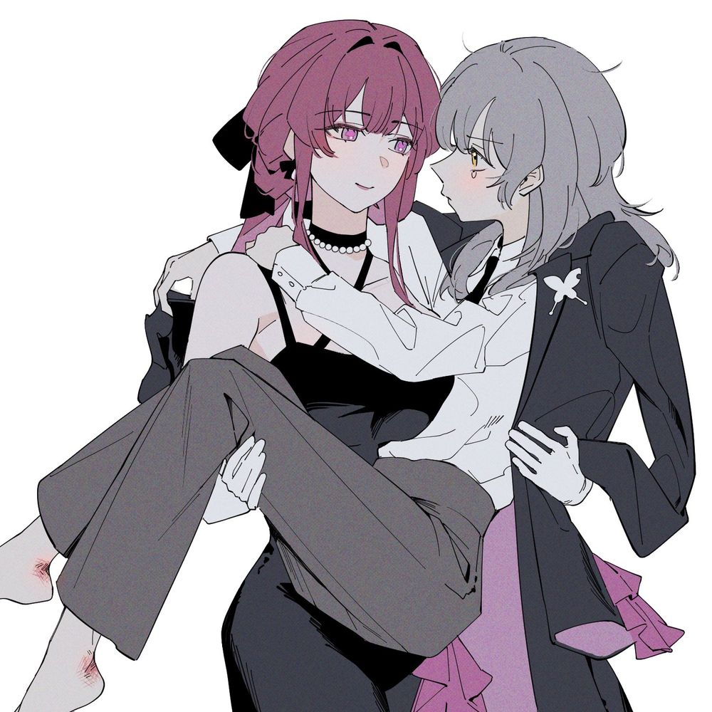 Danbooru tags: 2girls arm_around_neck barefoot black_dress black_jacket carrying closed_mouth commentary_request d0600059994959 dress gloves grey_hair grey_pants highres honkai:_star_rail honkai_(series) jacket jacket_on_shoulders jewelry kafka_(honkai:_star_rail) korean_commentary long_hair multiple_girls necklace pants princess_carry purple_eyes purple_hair shirt simple_background sleeveless sleeveless_dress smile stelle_(honkai:_star_rail) tears trailblazer_(honkai:_star_rail) white_background white_gloves white_shirt yellow_eyes yuri